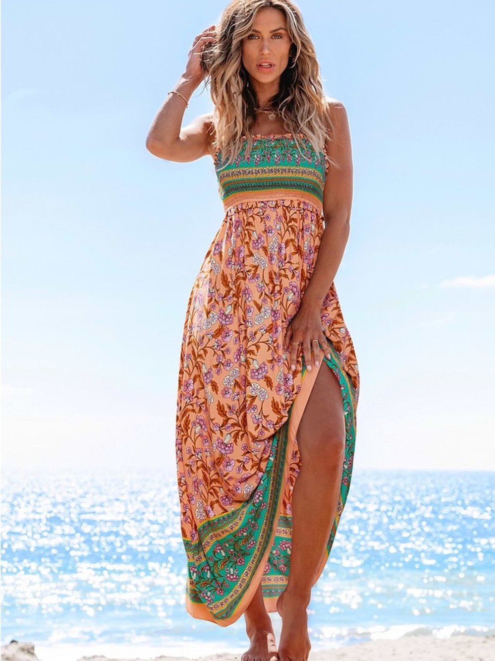 Bohemian Floral Smocked Maxi Dress in Peach and Green